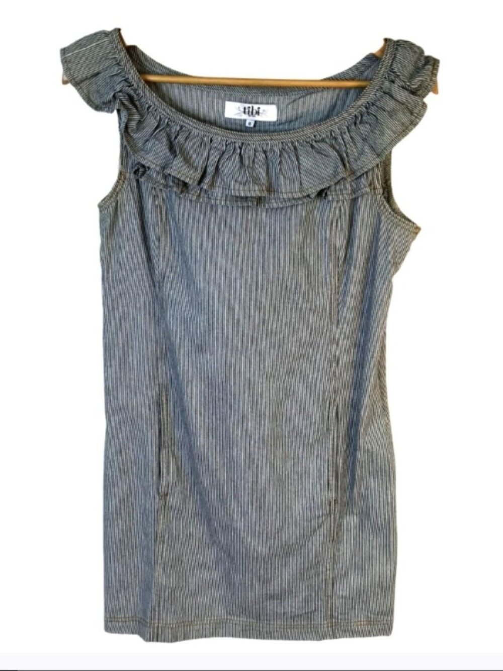 TIBI 6 Navy White Striped Ruffle Boat Neck Shift Dress Cotton Pockets Nautical